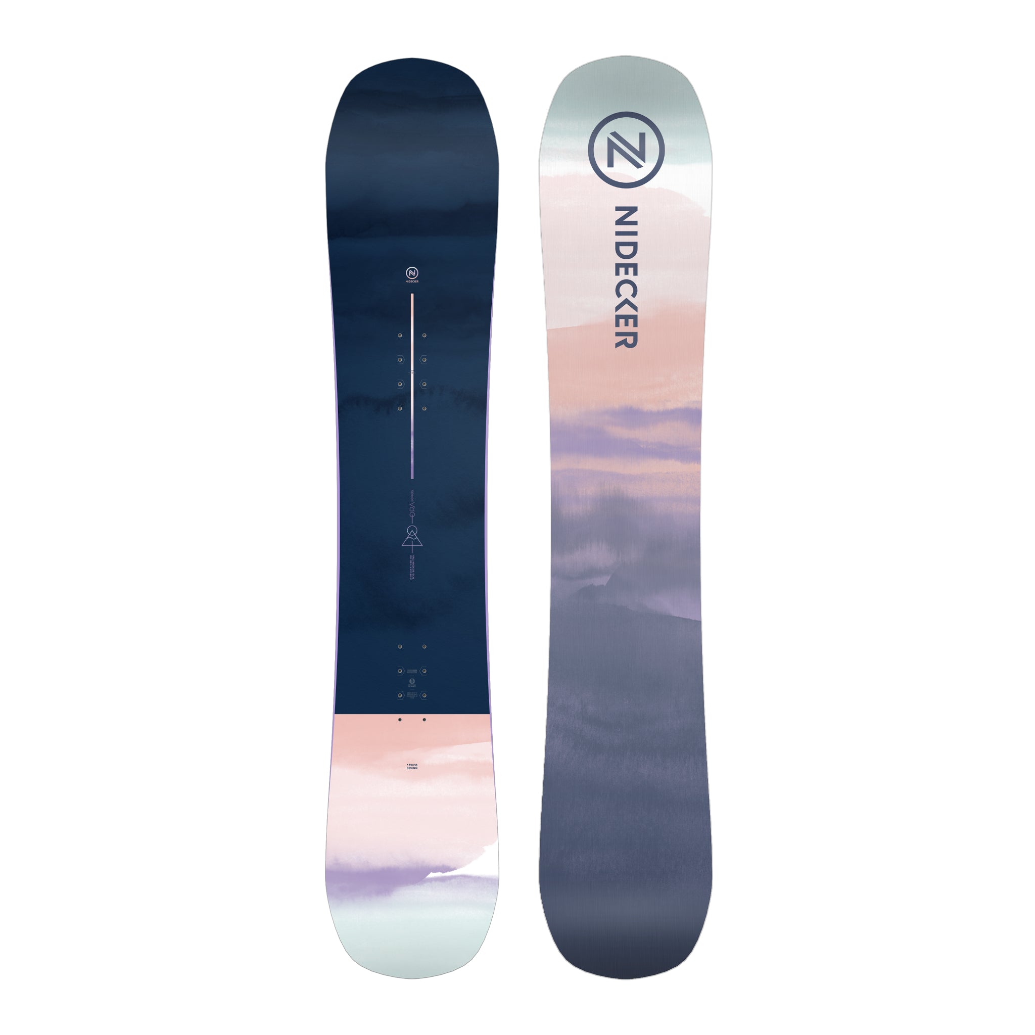 Nidecker Ora Women's Snowboard 2025 - A navy blue snowboard with a white logo and a thin, vertical, light purple stripe on its top.