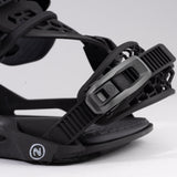 Nidecker Kaon Snowboard Binding - A black snowboard binding with a circular logo on the strap and a textured surface.
