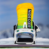 Nidecker Kaon Plus Snowboard Binding - A yellow, orange, and green striped snowboard binding with a black strap on top of a white base plate.