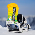Nidecker Kaon Plus Snowboard Binding - A yellow, green and orange striped snowboard binding with a black strap and white buckle.