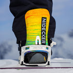 Nidecker Kaon Plus Snowboard Binding - A snowboard binding with a black strap and silver buckle, featuring a yellow and green striped pattern on its baseplate.