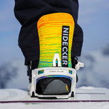Nidecker Kaon Plus Snowboard Binding - A snowboard binding with a black strap and silver buckle, featuring a yellow and green striped pattern on its baseplate.