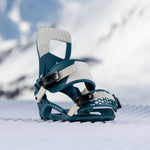 Nidecker Muon-X Bindings 2025 - A pair of dark blue snowboard bindings with white accents and black buckles.