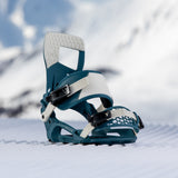 Nidecker Muon-X Bindings 2025 - A pair of dark blue snowboard bindings with white accents and black buckles.