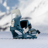 Nidecker Muon-X Bindings 2025 - A pair of blue and white snowboard bindings with a distinctive geometric pattern on the straps.