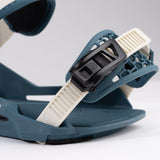 Nidecker Muon-X Bindings 2025 - A pair of blue snowboard bindings with white straps and a black buckle.