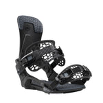 Nidecker Kaon Snowboard Binding - 2025 snowboard binding with black plastic buckles and straps, featuring a geometric pattern on the baseplate.