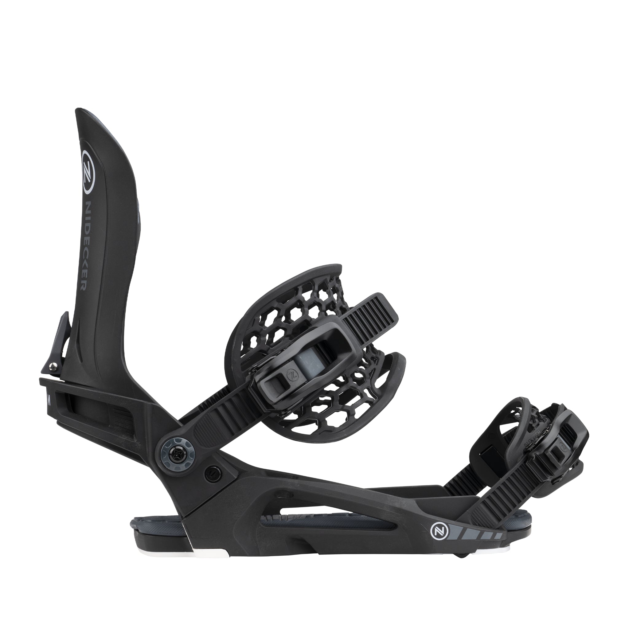 Nidecker Kaon Snowboard Binding - A black snowboard binding with a white logo on the strap and a circular metal component at the front.