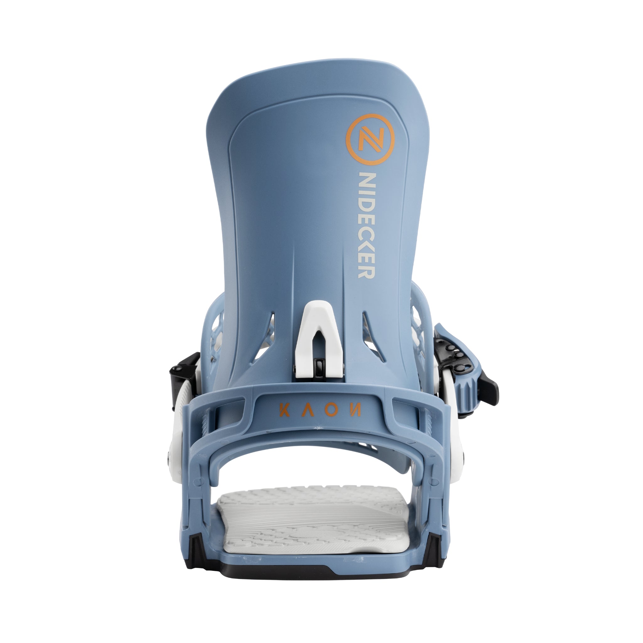 Nidecker Kaon Snowboard Binding - A light blue snowboard binding with a white logo and orange lettering, featuring a textured footbed.