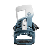 Nidecker Muon-X Bindings 2025 - A pair of blue and white snowboard bindings with a rectangular cutout on top, featuring a strap and buckle.