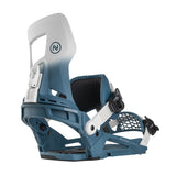 Nidecker Muon-X Bindings 2025 - A pair of blue and white snowboard bindings with a distinctive "N" logo on the top plate.