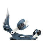 Nidecker Muon-X Bindings 2025 - A pair of blue snowboard bindings with white buckles and straps, featuring a sleek design with a prominent "Muon" logo on the highback.