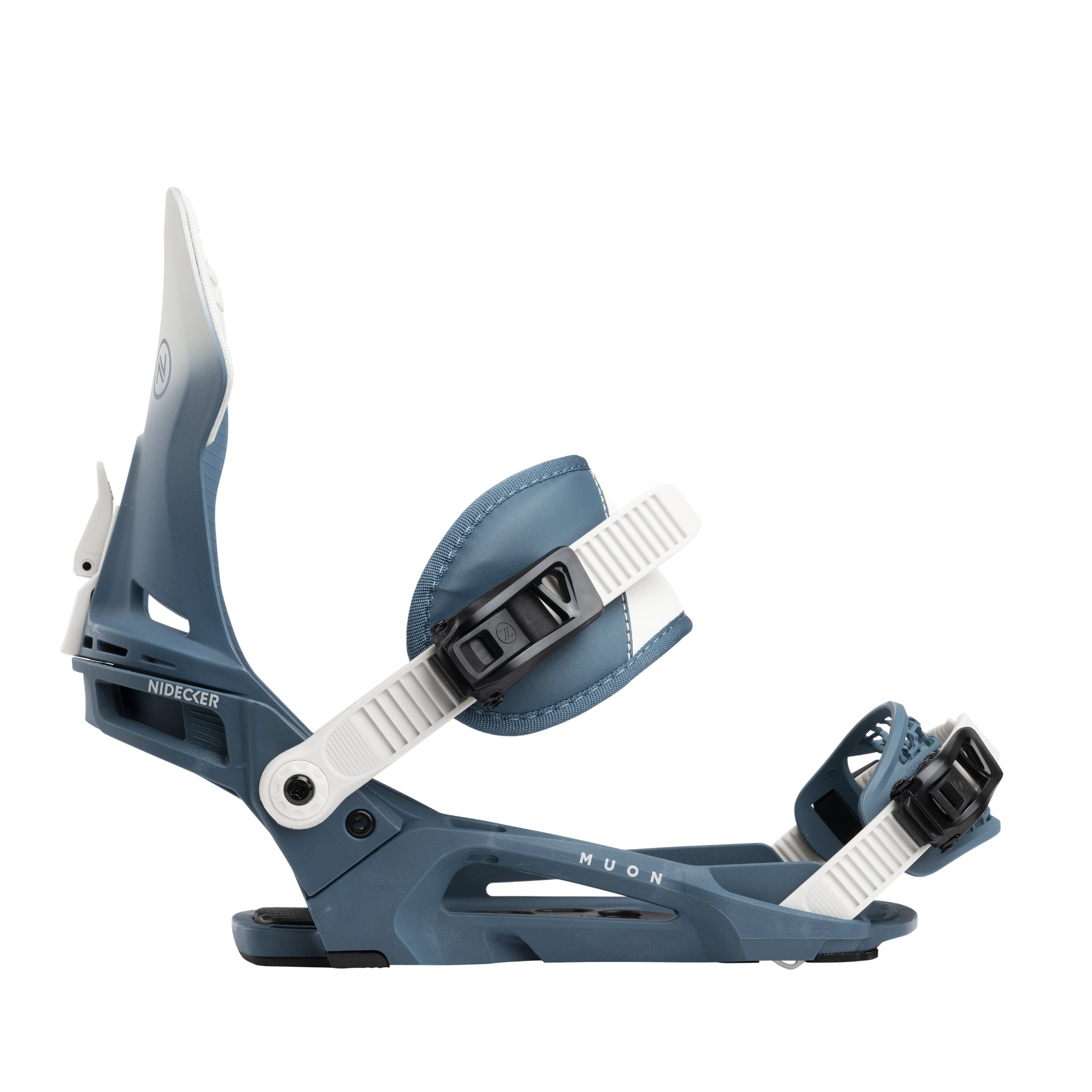 Nidecker Muon-X Bindings 2025 - A pair of blue snowboard bindings with white buckles and straps, featuring a sleek design with a prominent "Muon" logo on the highback.