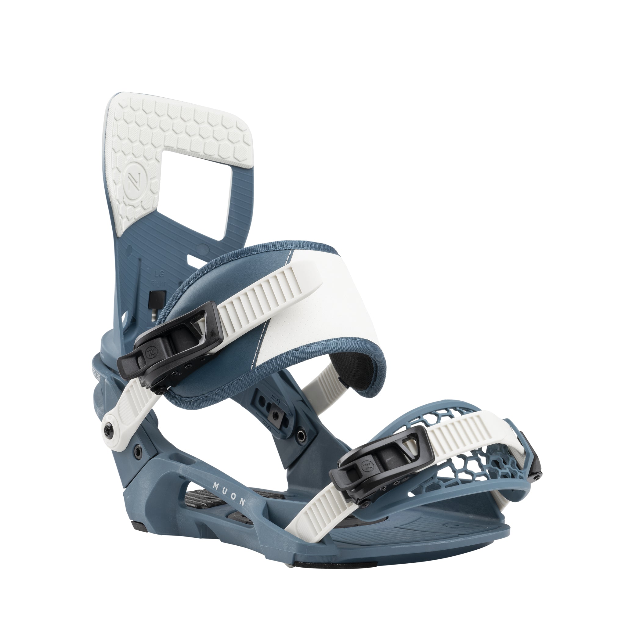 Nidecker Muon-X Bindings 2025 - A pair of blue snowboard bindings with white straps and buckles.