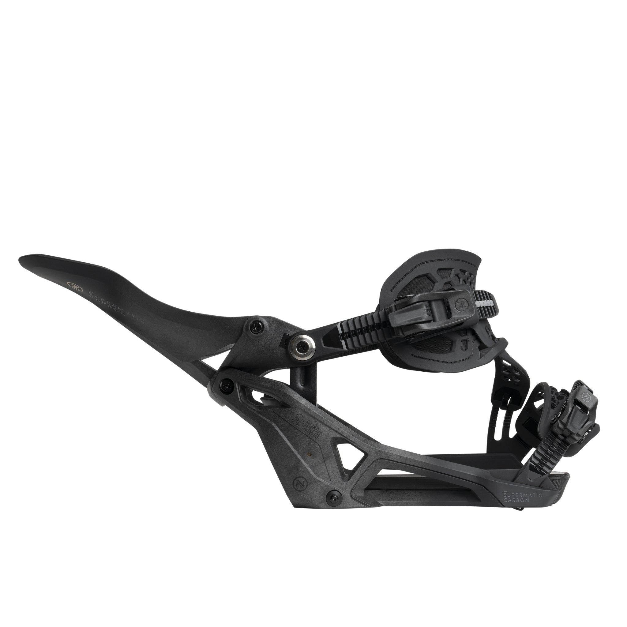 Nidecker Supermatic Carbon Snowboard Bindings 2025 - A pair of black snowboard bindings with a sleek, modern design and carbon fiber accents.