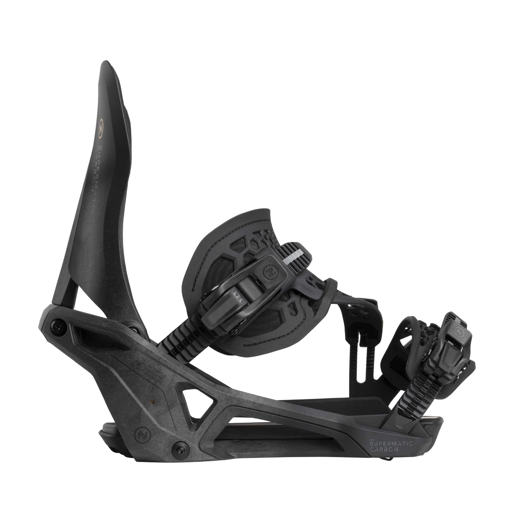 Nidecker Supermatic Carbon Snowboard Bindings - Black snowboard bindings with carbon fiber accents and silver buckles.
