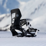 Nidecker Prime Youth Snowboard Bindings 2025 - Black bindings with white buckles and straps on a snowy background.