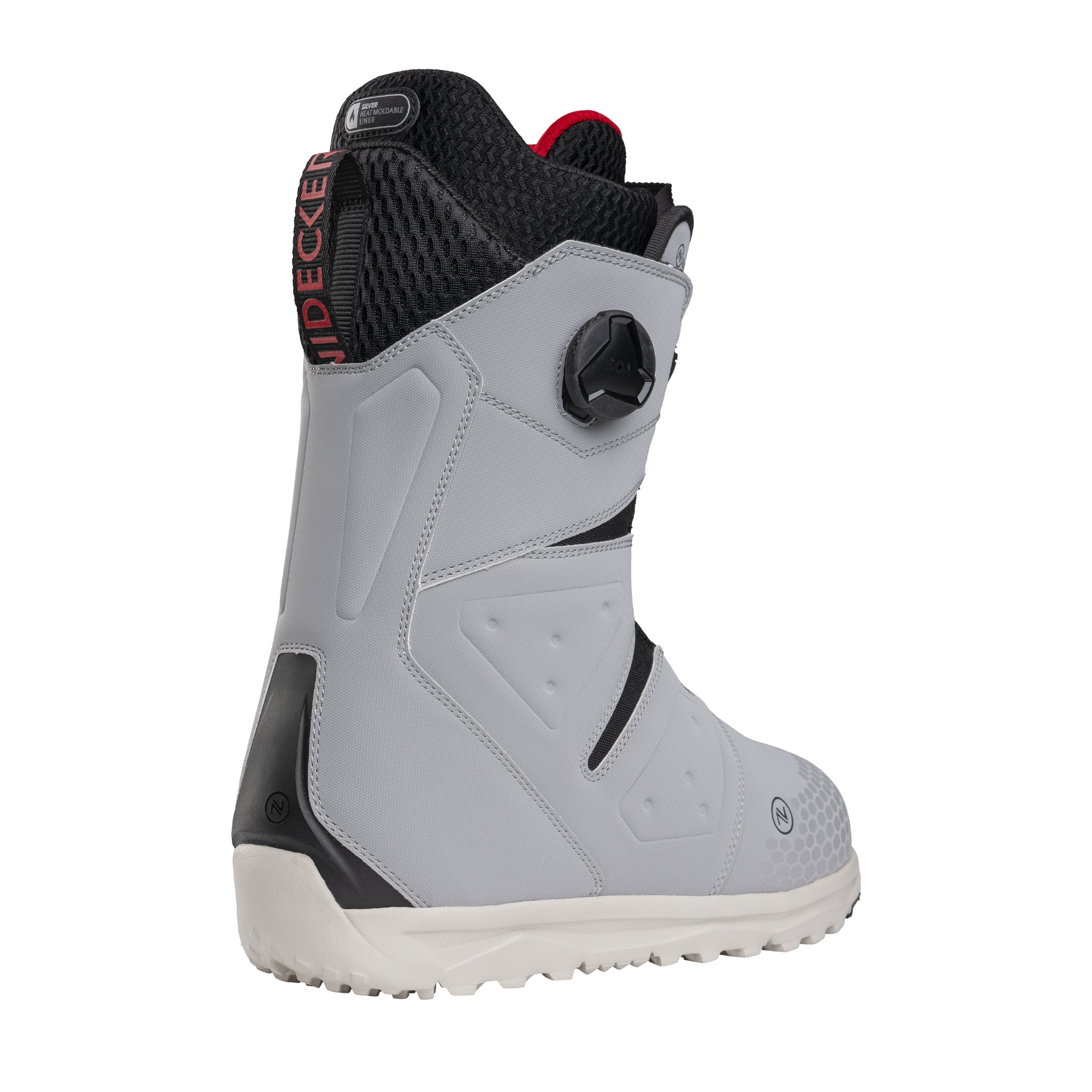 Nidecker Men's Altai Snowboard Boot 2025 - A black and white snowboard boot with a textured pattern on the toe cap, featuring a red logo on the side.