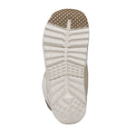 Nidecker Women's Cascade Snowboard Boot 2025 - A white snowboard boot with a tan strap and laces, featuring a textured rubber sole.