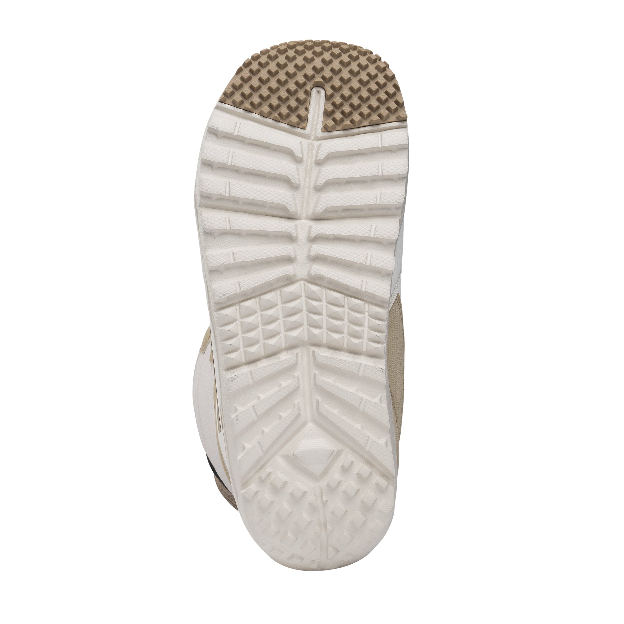 Nidecker Women's Cascade Snowboard Boot 2025 - A white snowboard boot with a tan strap and laces, featuring a textured rubber sole.