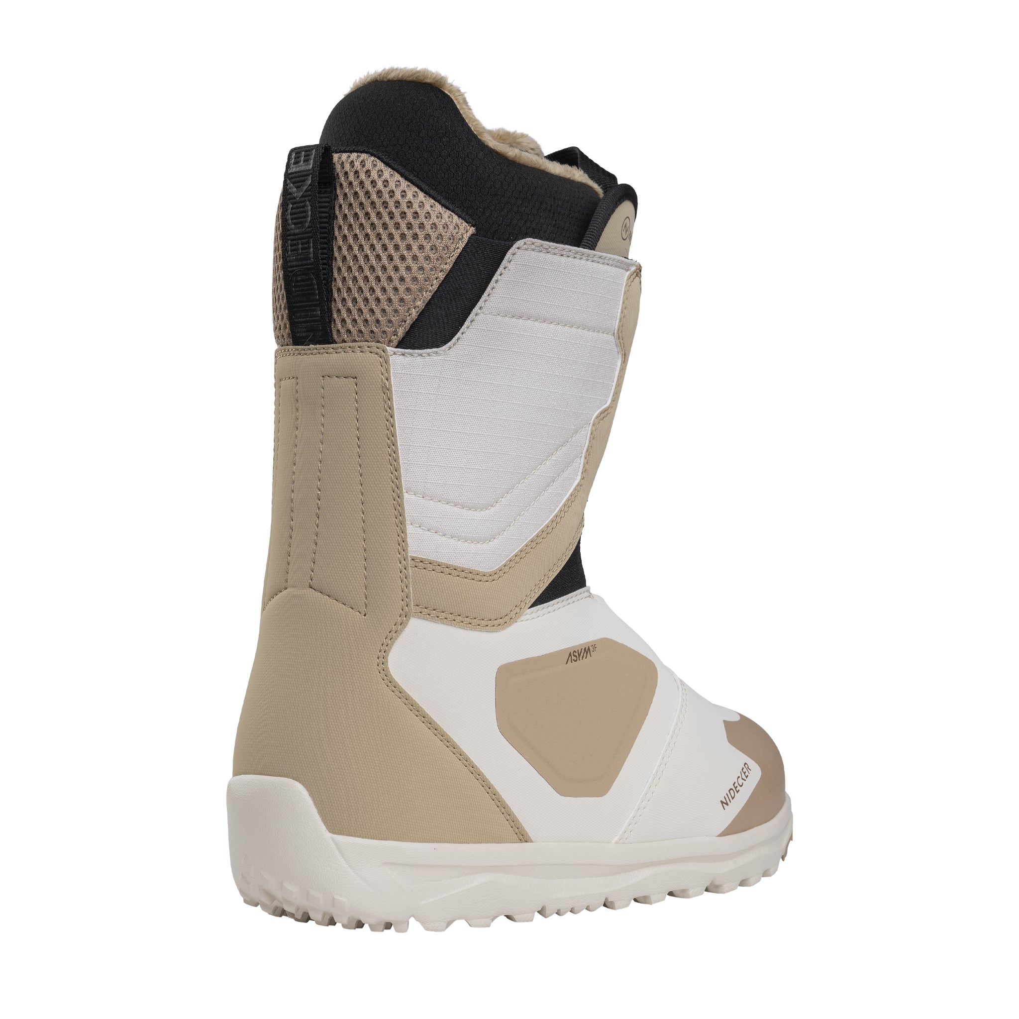 Nidecker Women's Cascade Snowboard Boot 2025 - A tan and white snowboard boot with a black strap on the side, featuring a textured sole.