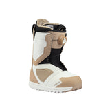 Nidecker Women's Cascade Snowboard Boot 2025 - A tan and white snowboard boot with a black strap on the side, featuring a fuzzy beige interior.