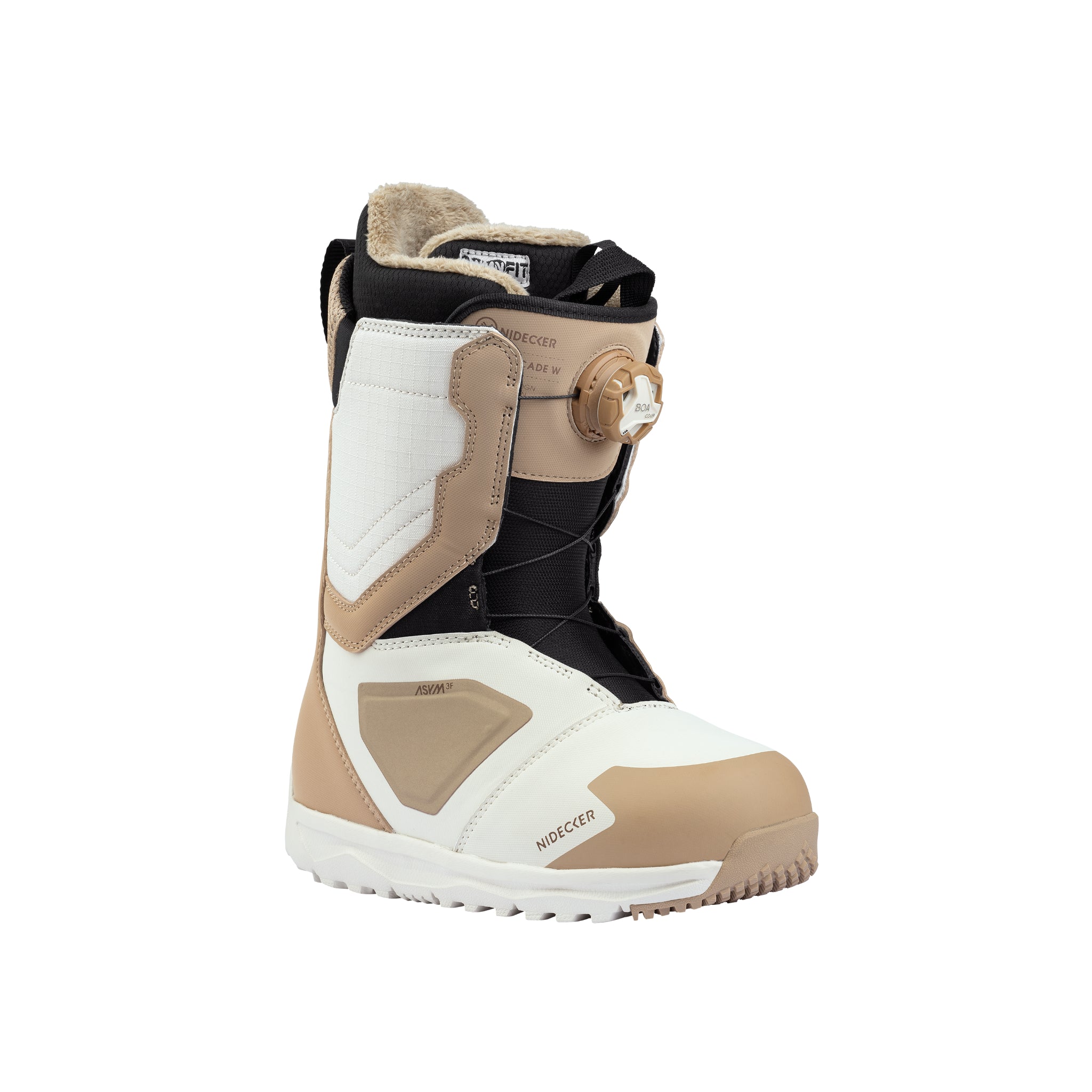 Nidecker Women's Cascade Snowboard Boot 2025 - A tan and white snowboard boot with a black strap on the side, featuring a fuzzy beige interior.