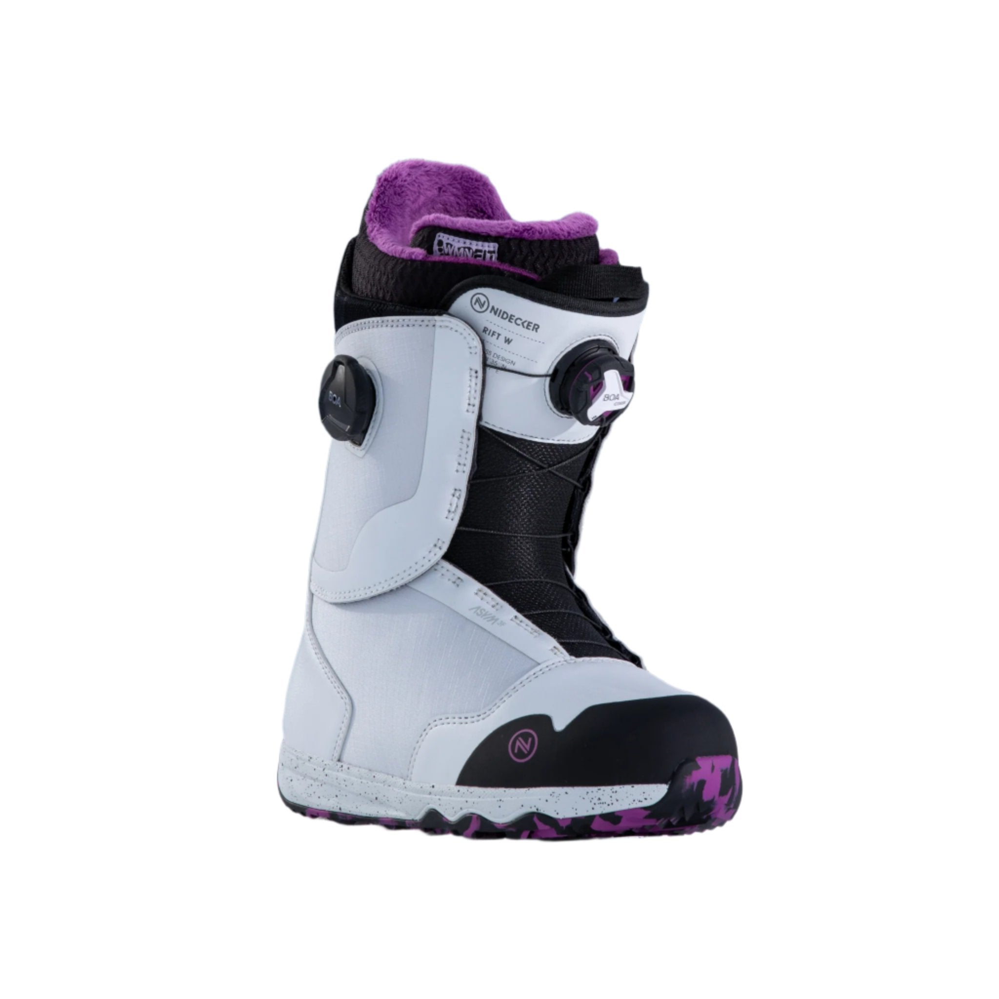 Nidecker Rift Women's Snowboard Boots 2025 - A pair of white snowboard boots with purple accents and black laces.