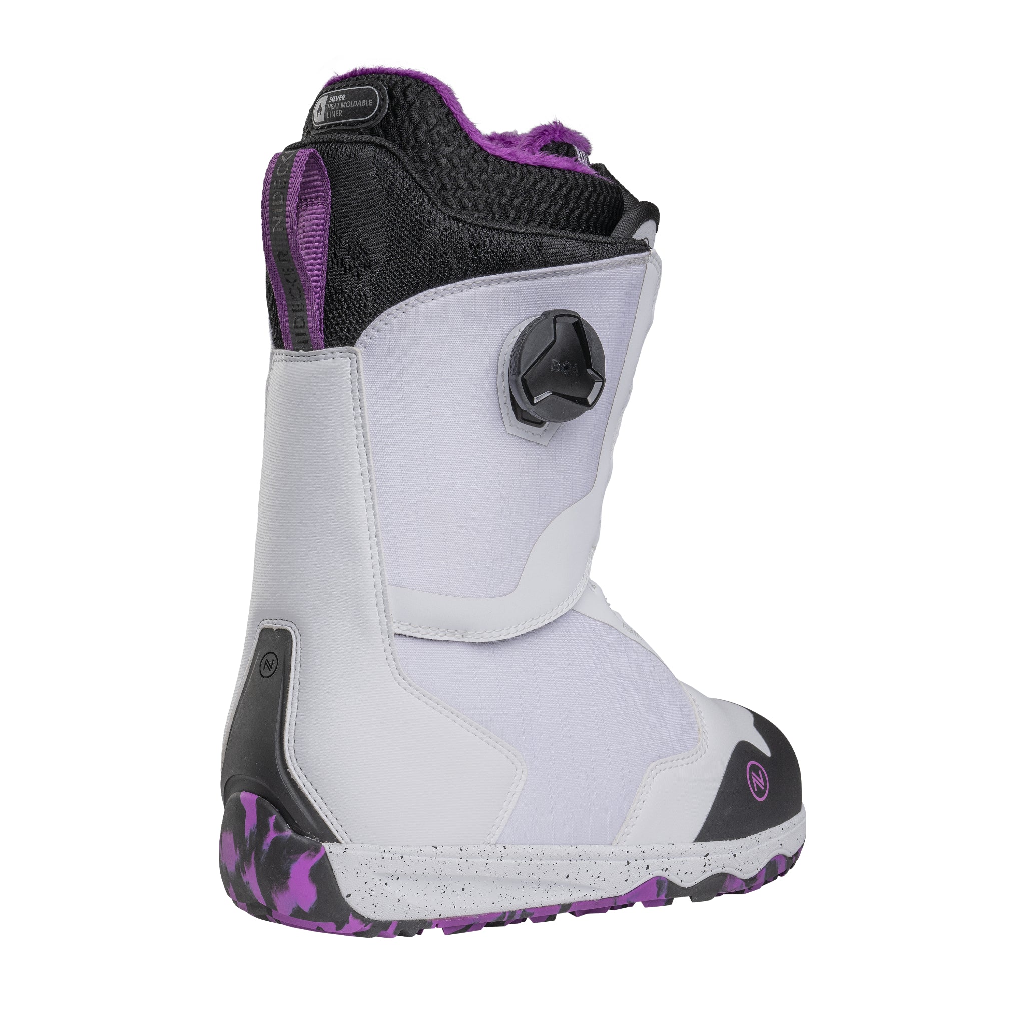 Nidecker Rift Women's Snowboard Boots 2025 - A pair of snowboard boots with a purple and black color scheme, featuring a textured pattern on the upper material.
