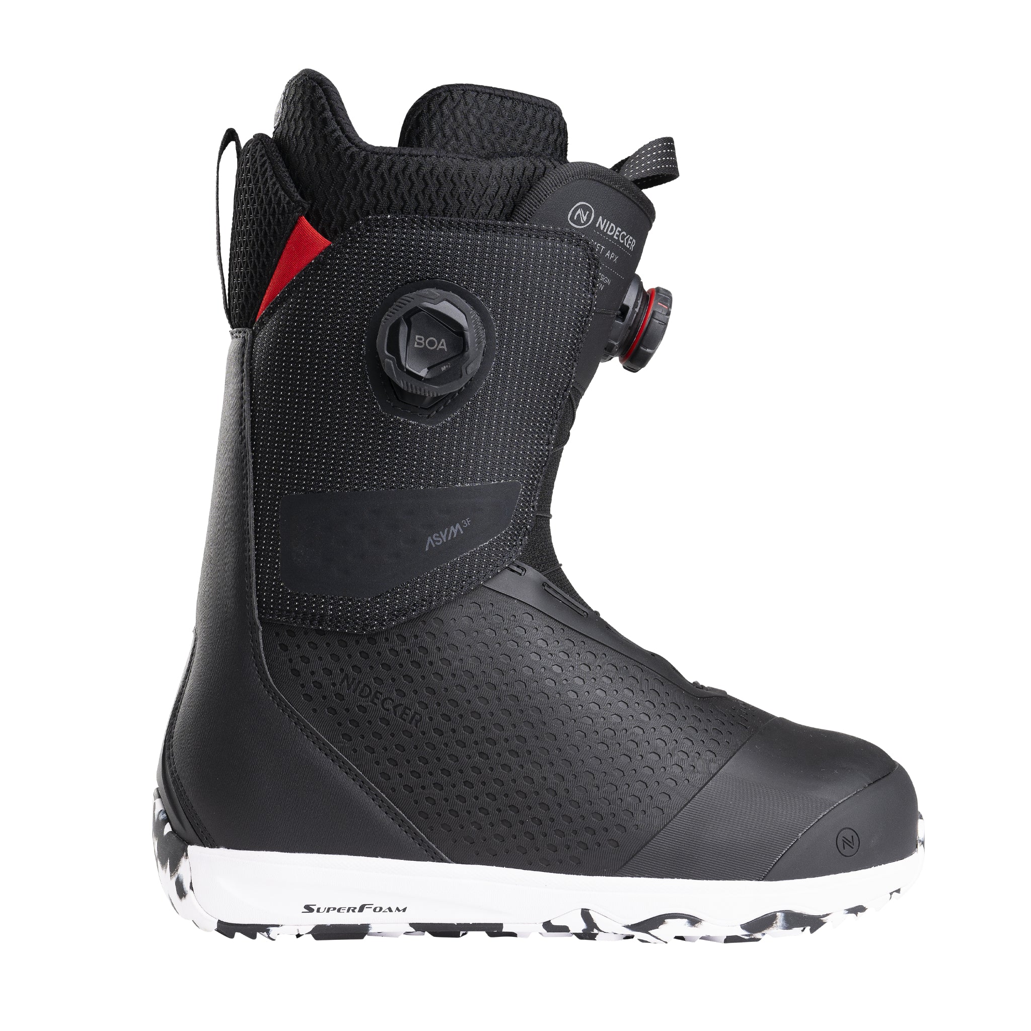 Nidecker Rift APX Men's Snowboard Boots 2025 - Black snowboard boots with red accents and a textured pattern on the toe cap.