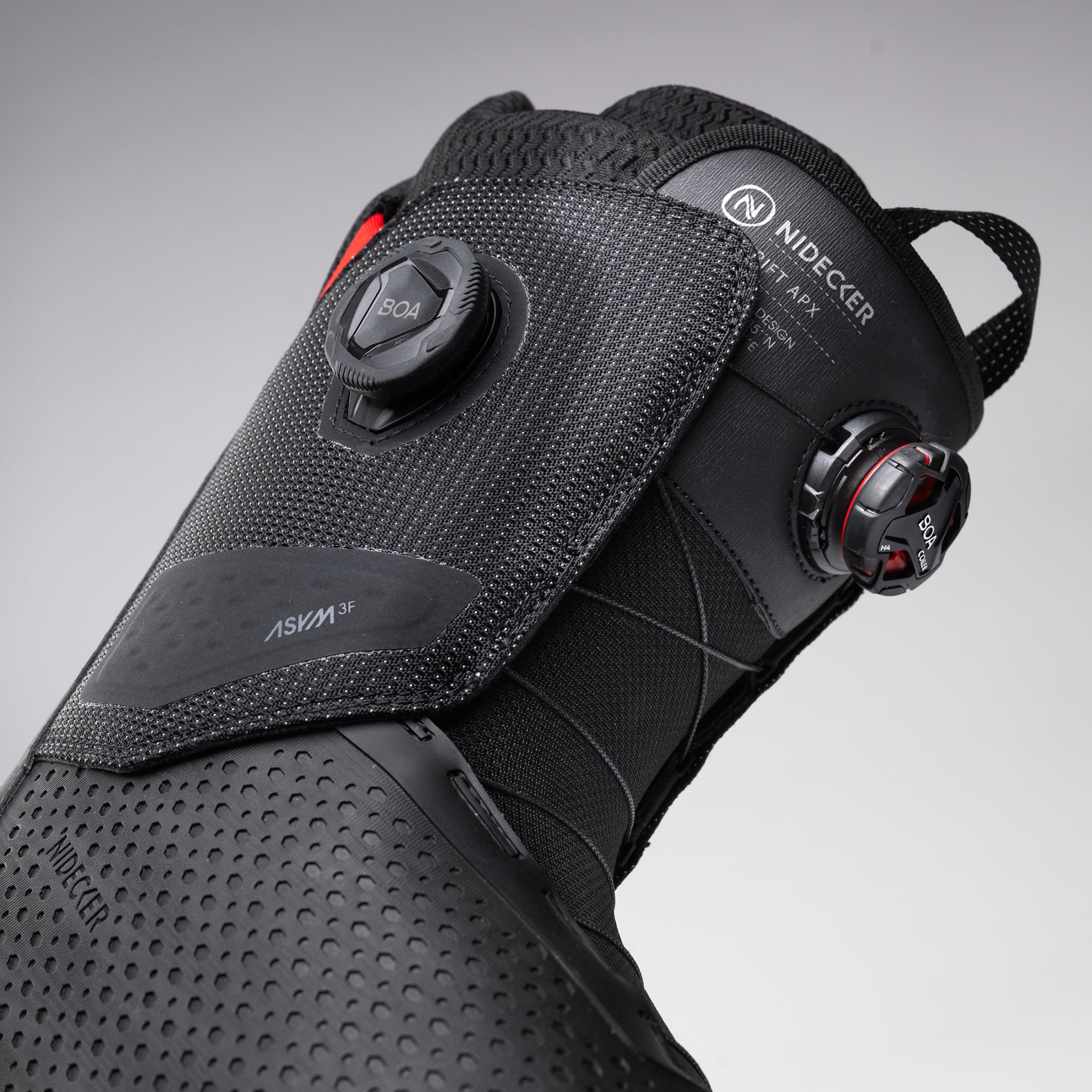 Nidecker Rift APX Men's Snowboard Boots 2025 - Black snowboard boots with red accents and white lettering on the side.