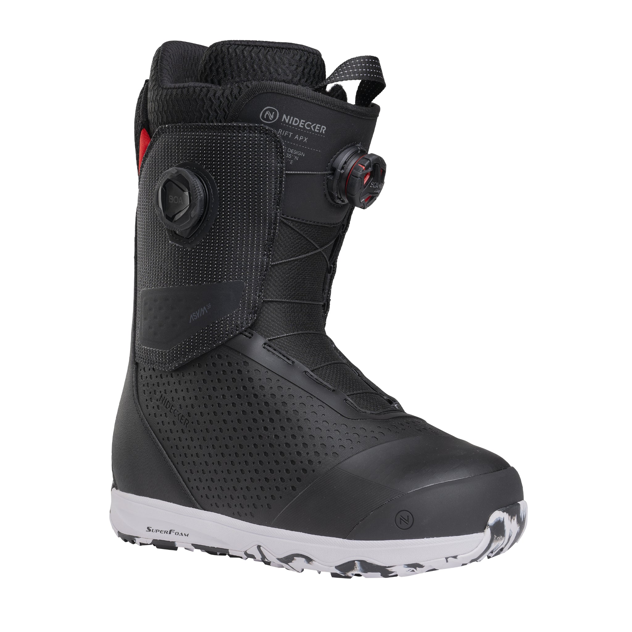 Nidecker Rift APX Men's Snowboard Boots 2025 - Black snowboard boots with red accents and a textured sole.