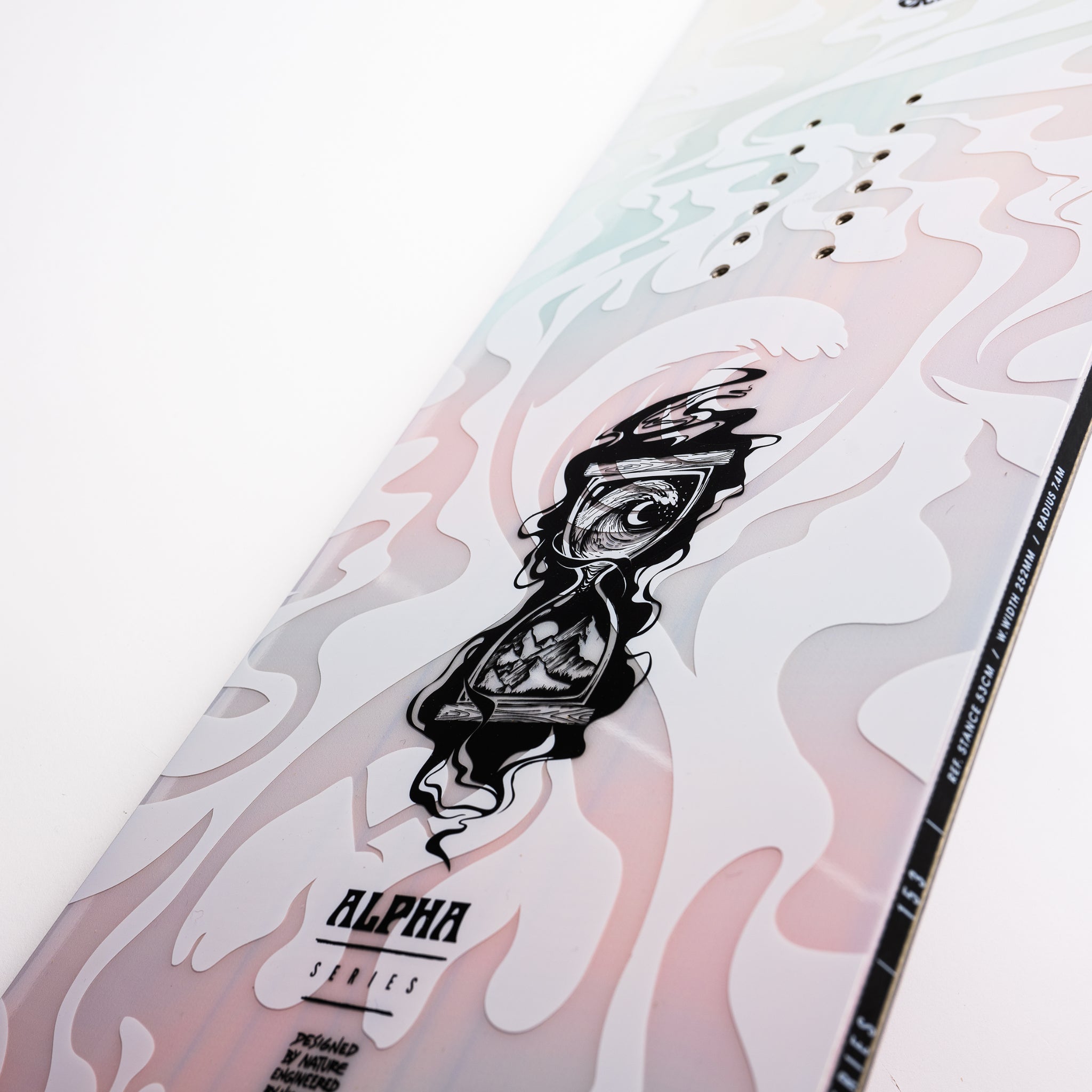 Nidecker Alpha Snowboard 2025 - A snowboard with a black and white abstract design on its top surface.