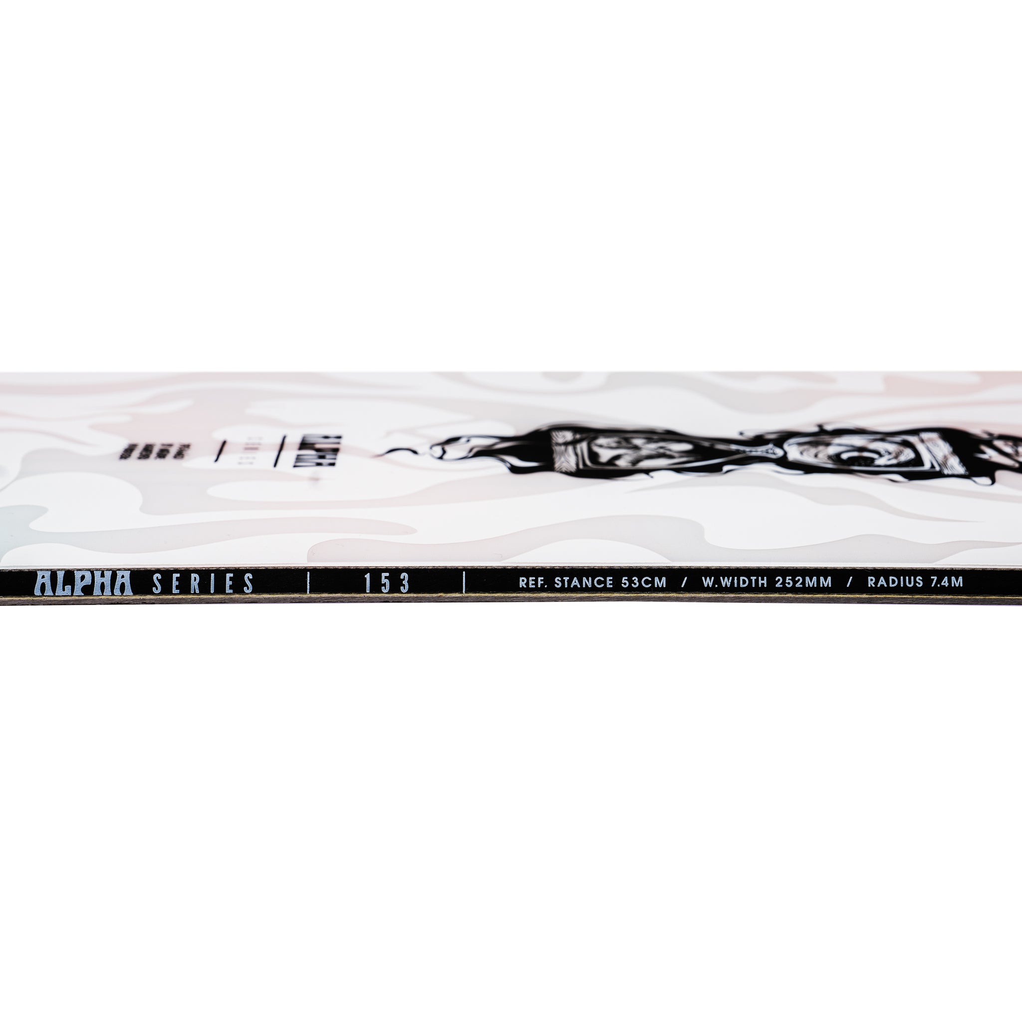 Nidecker Alpha Snowboard 2025 - A white snowboard with a black and grey abstract design on top of it.