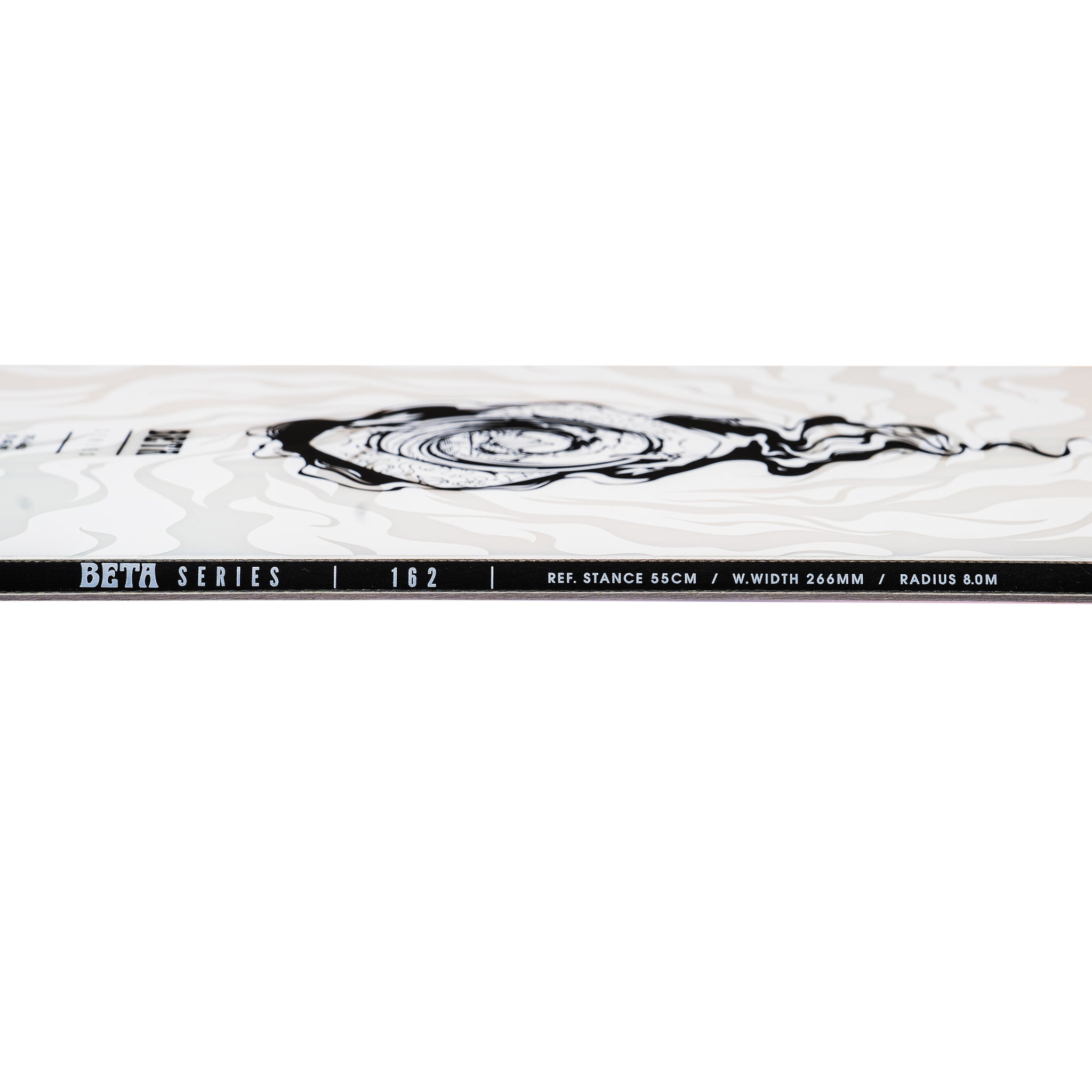 Nidecker Beta Snowboard 2025 - A white snowboard with a black graphic of an eye in the center, featuring a circular iris and eyelashes.