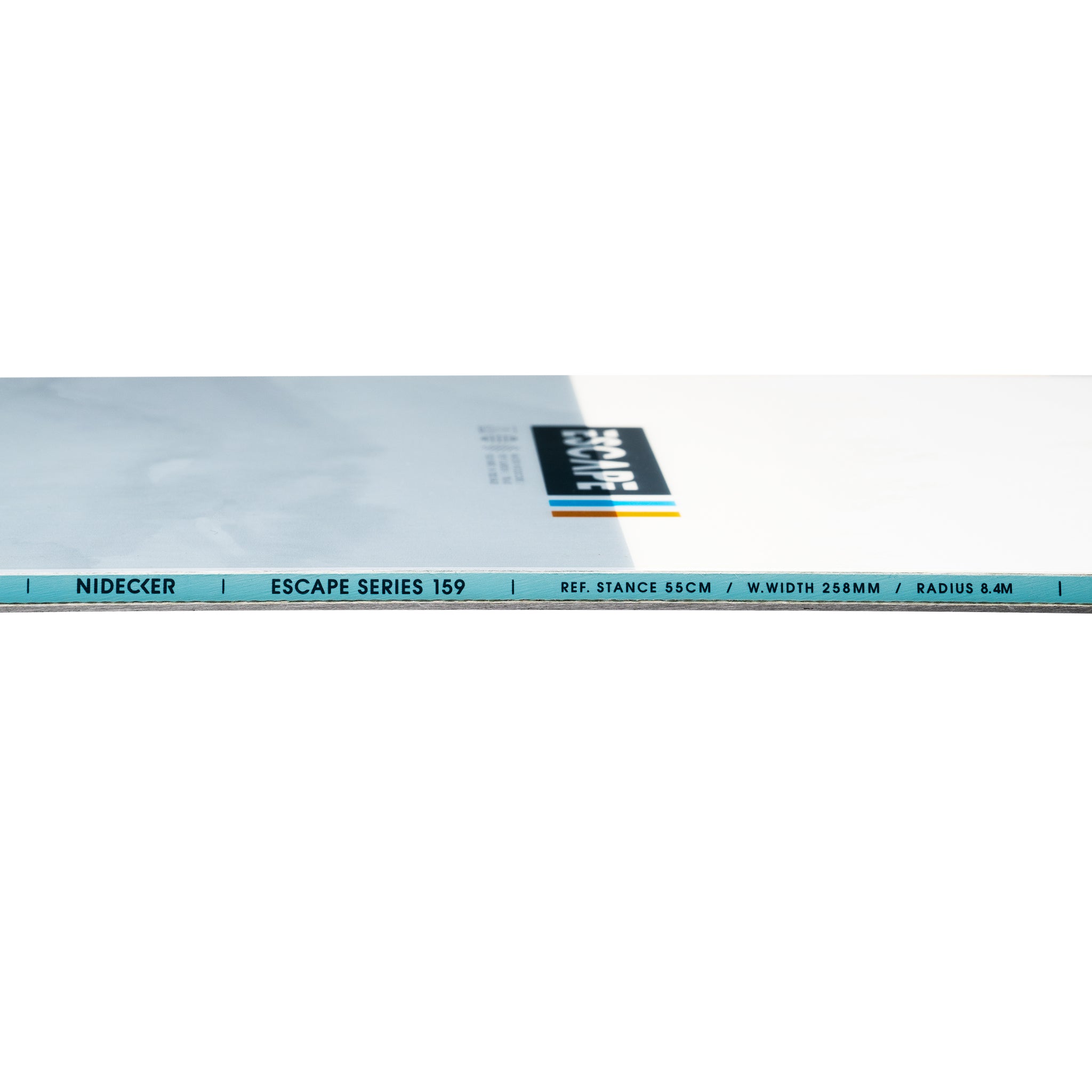 Nidecker Escape Snowboard 2025 - A light blue snowboard with a white logo on top and black lettering that reads "ESCAPE" in all caps.