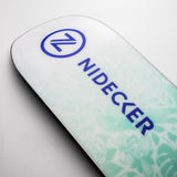 Nidecker Junior's Micron Venus Snowboard 2025 - A white snowboard with a blue logo and floral pattern on the bottom.
