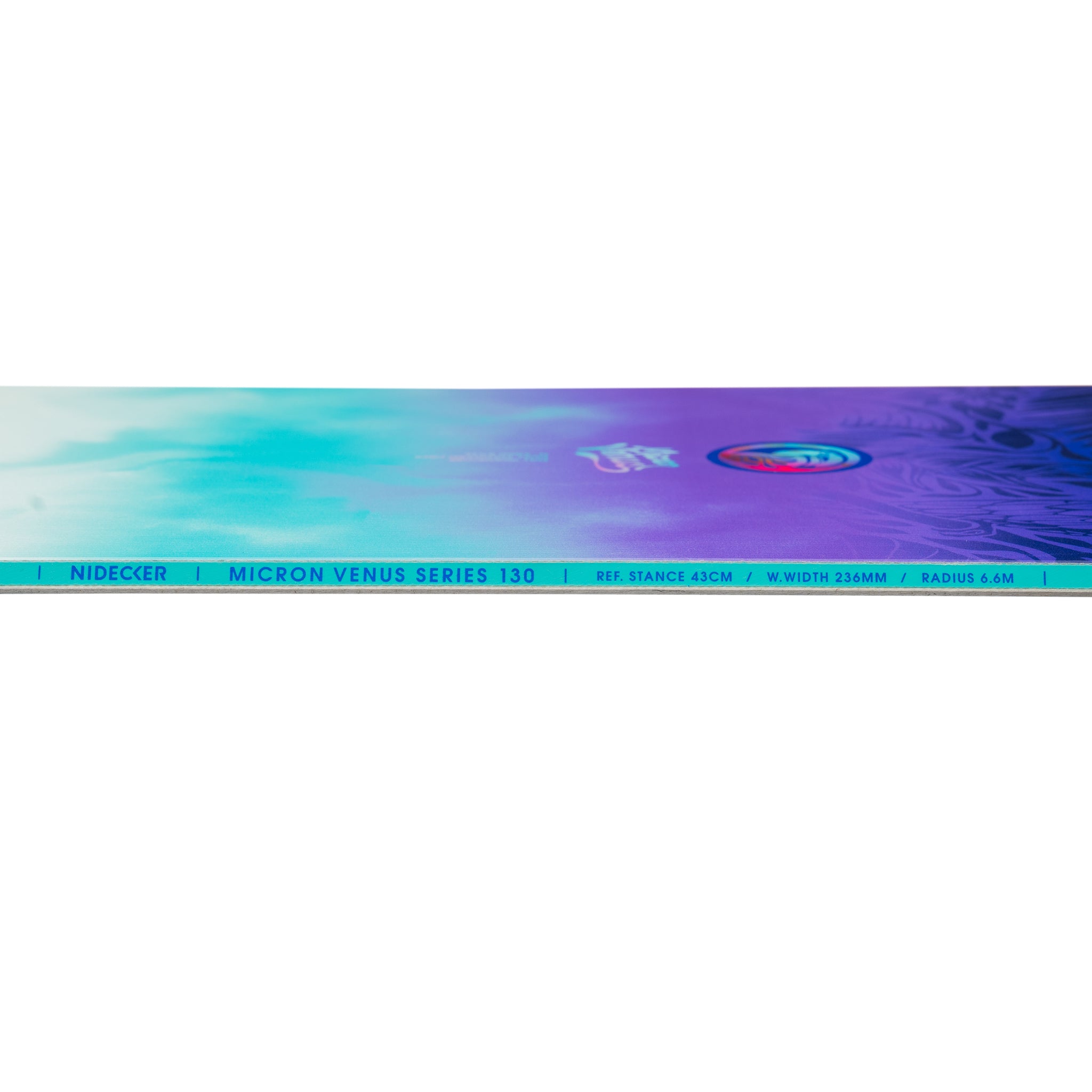 Nidecker Junior's Micron Venus Snowboard 2025 - A snowboard with a purple and blue gradient design, featuring a circular logo in the center.