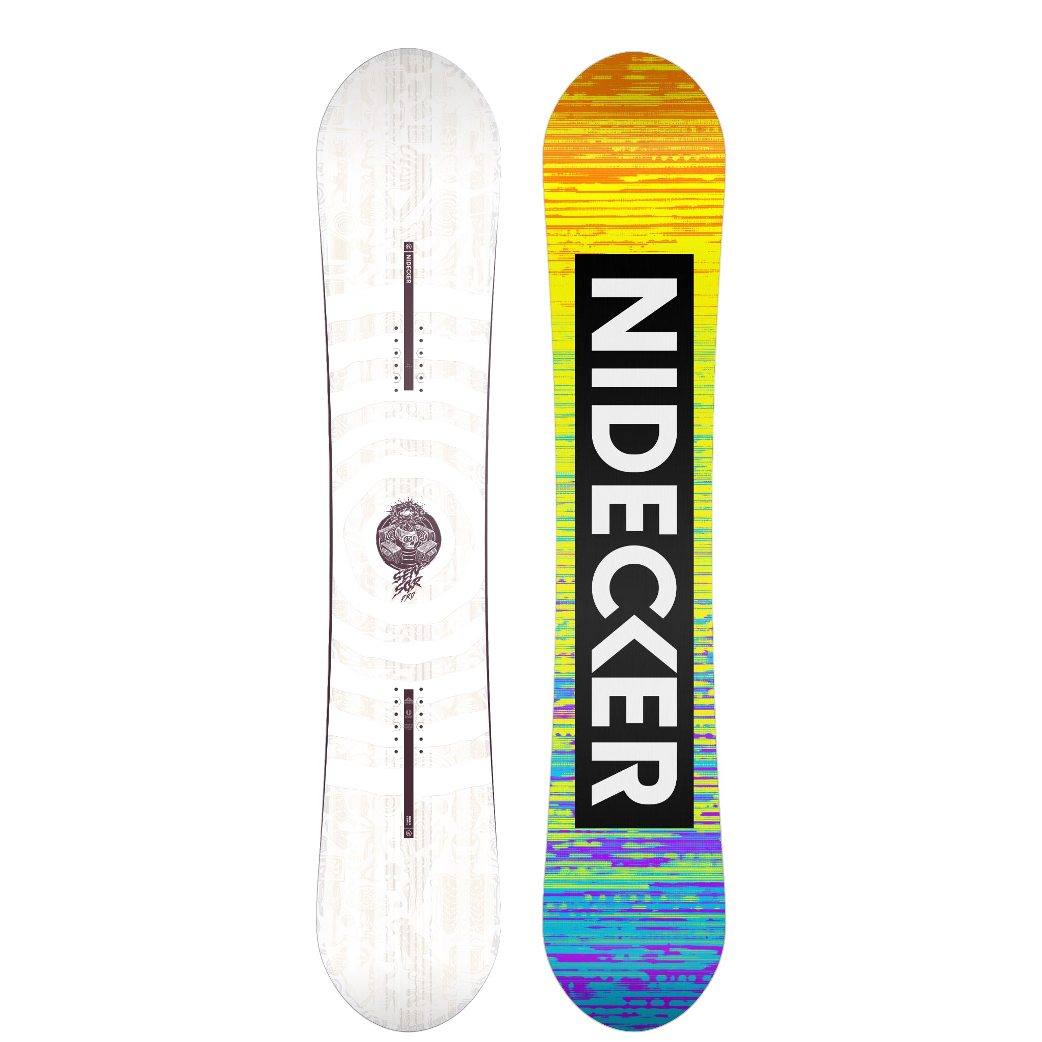 Nidecker Sensor Pro Snowboard 2025 - A white snowboard with a circular logo featuring a rose and leaves in the center, surrounded by a thin black border.