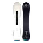 Nidecker Thruster Snowboard 2025 - A black snowboard with a white logo on top and a blue-green gradient at the bottom tip.