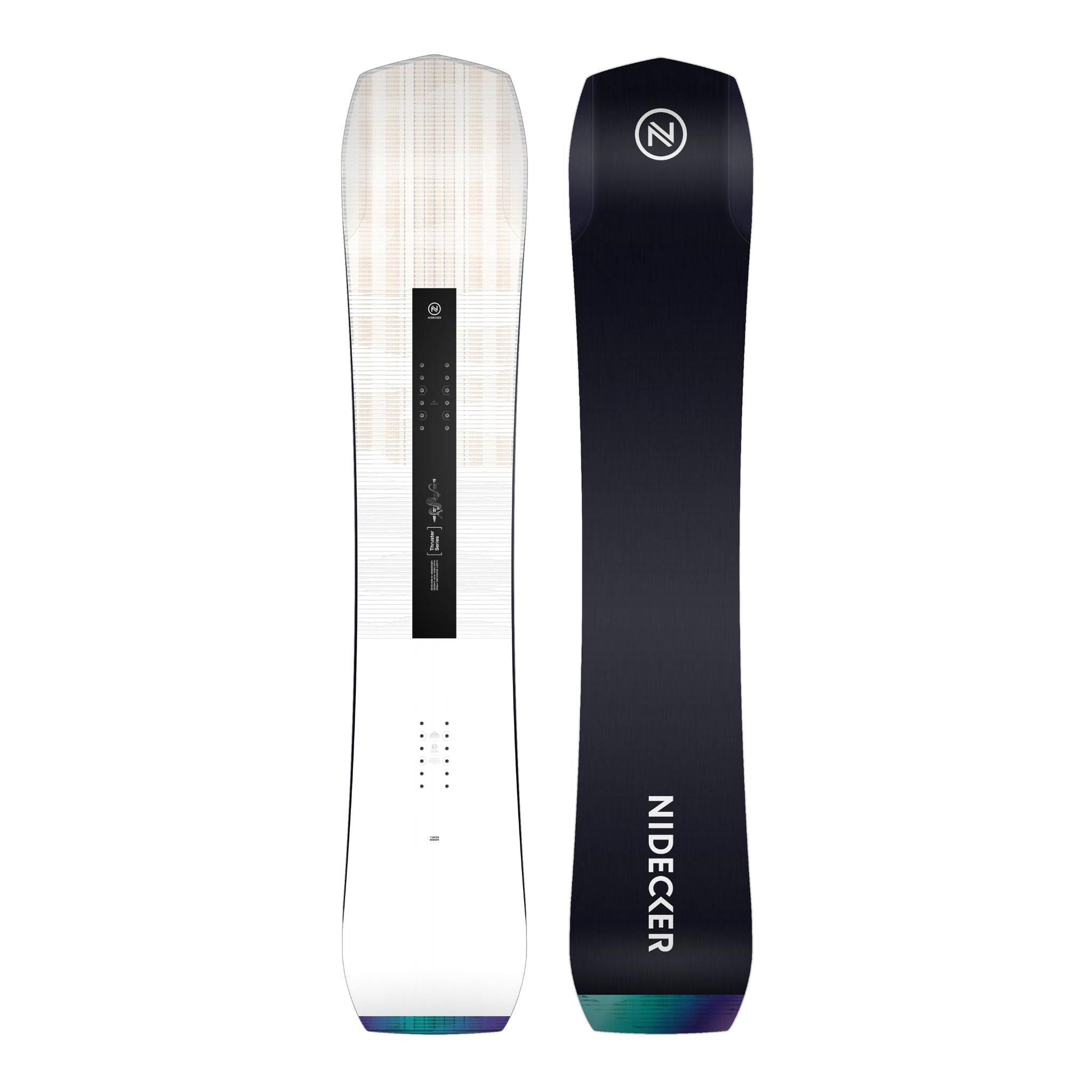Nidecker Thruster Snowboard 2025 - A black snowboard with a white logo on top and a blue-green gradient at the bottom tip.