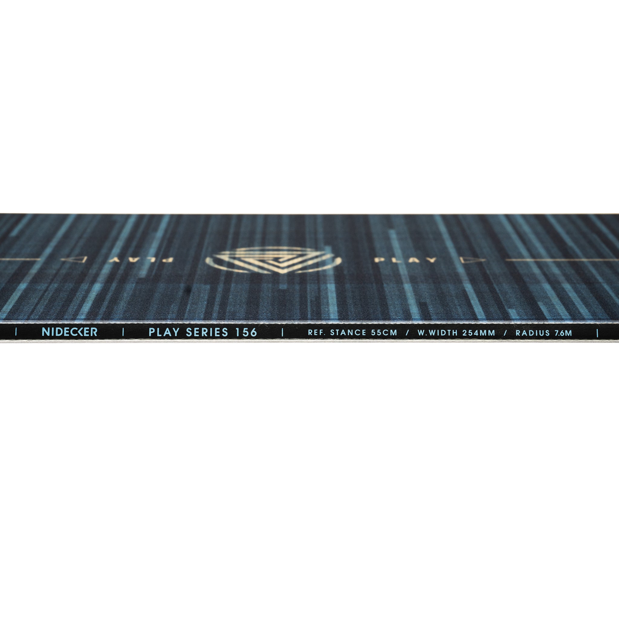 Nidecker Play Snowboard 2025 - A black snowboard with a white logo and gold lettering on top, viewed from above.