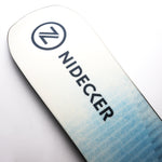 Nidecker Play Snowboard 2025 - A white snowboard with a blue patterned design on its bottom.