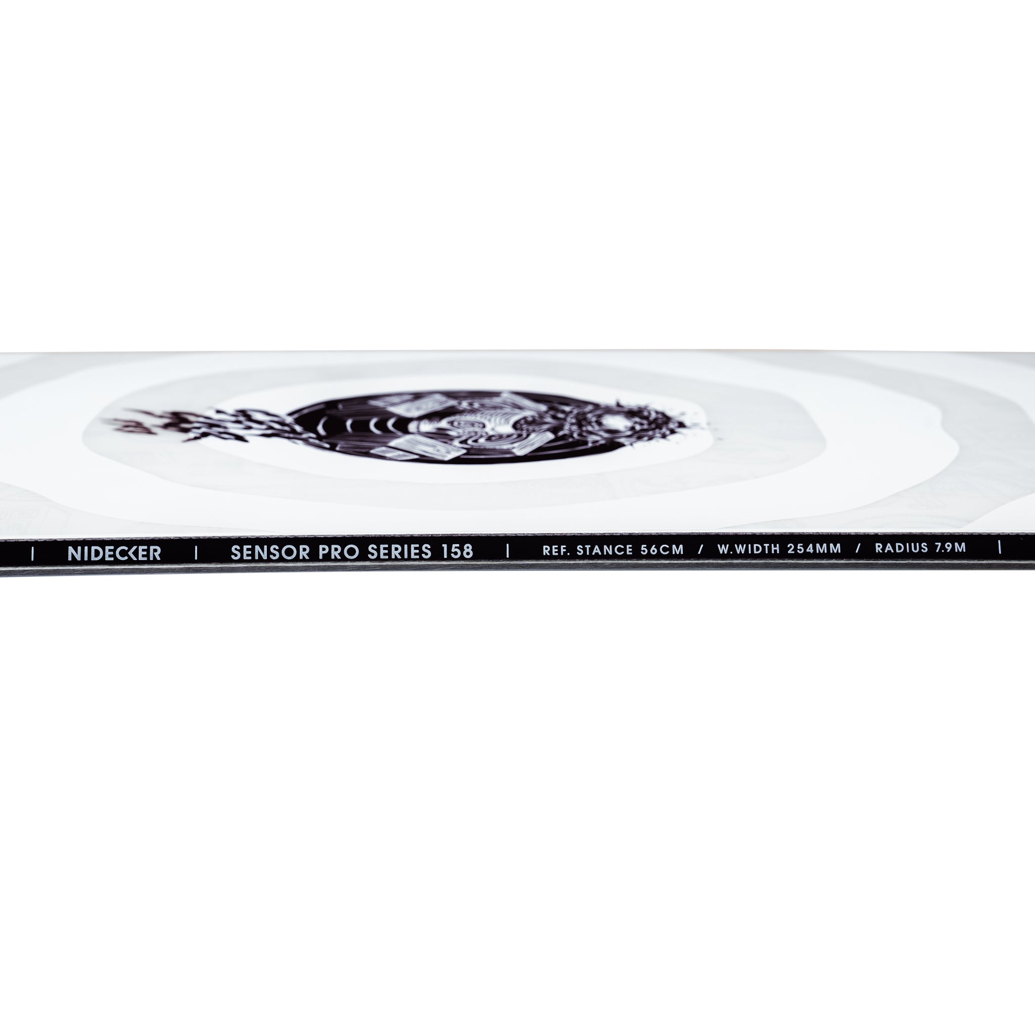 Nidecker Sensor Pro Snowboard 2025 - A black snowboard with a white and grey patterned design, featuring a circular logo on top.