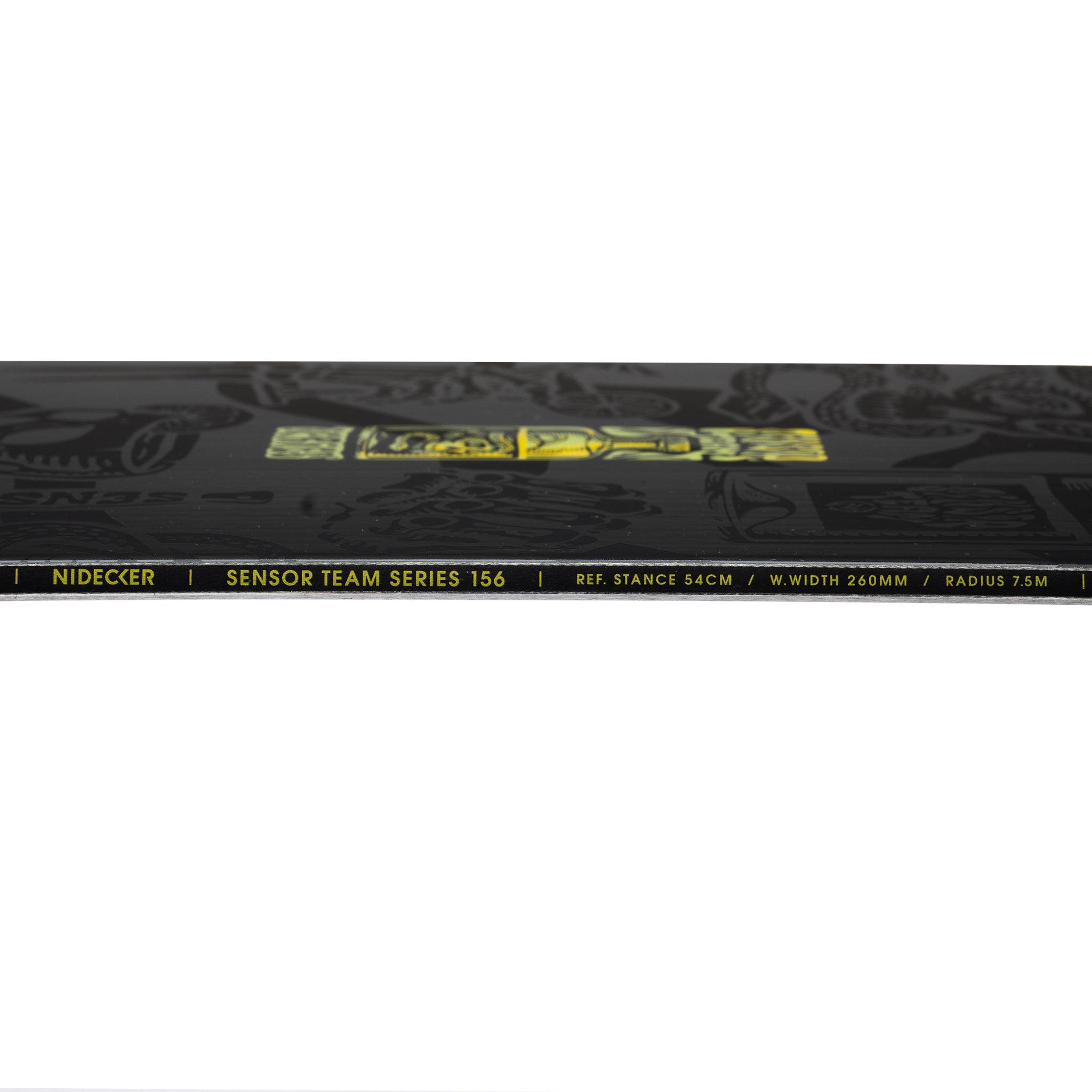 Nidecker Sensor Team Snowboard 2025 - A black snowboard with a yellow logo and white lettering on top, featuring a pattern of dark gray lines and shapes.
