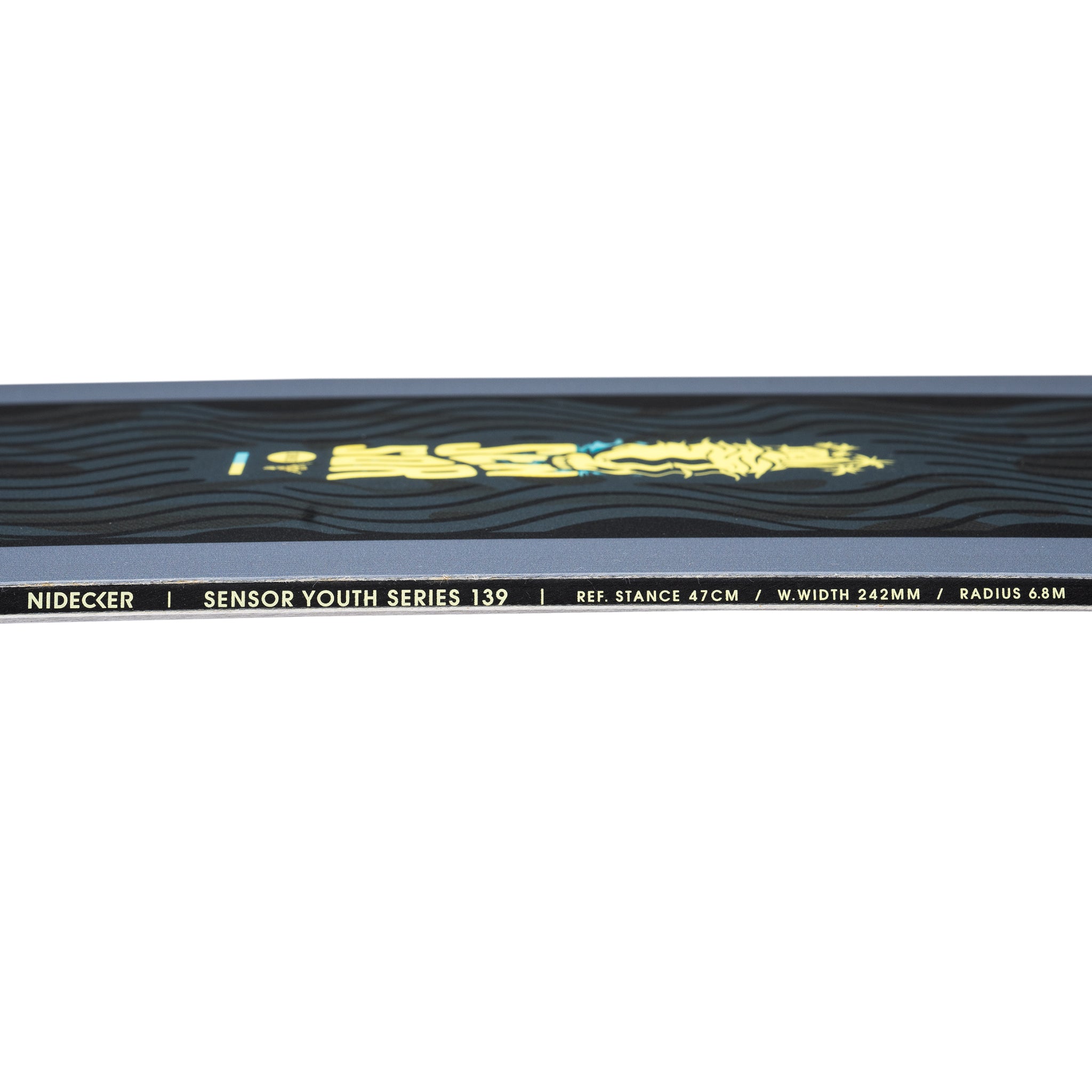 Nidecker Sensor Youth Snowboard 2025 - A black snowboard with a yellow graphic of a person riding it, featuring wavy lines and blue accents.