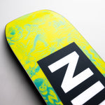 Nidecker Sensor Youth Snowboard 2025 - A bright yellow snowboard with a blue pattern of abstract shapes and a black border around the edges.