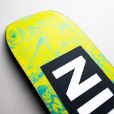 Nidecker Sensor Youth Snowboard 2025 - A bright yellow snowboard with a blue pattern of abstract shapes and a black border around the edges.