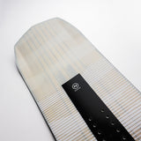 Nidecker Thruster Snowboard 2025 - A white snowboard with blue stripes and a black stripe at the bottom.