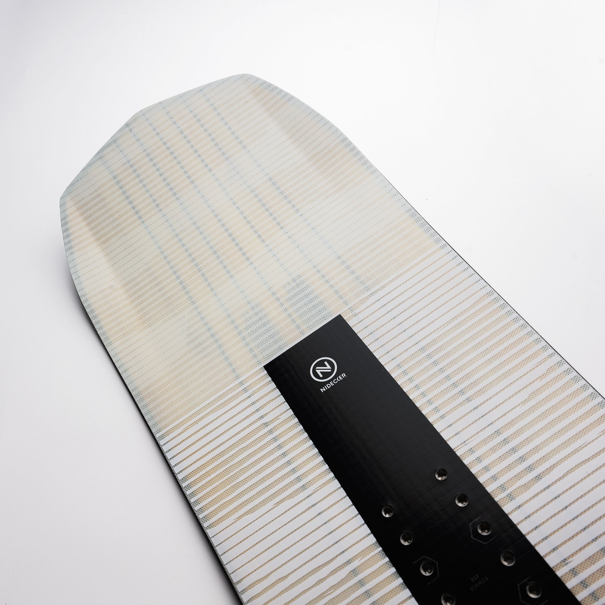 Nidecker Thruster Snowboard 2025 - A white snowboard with blue stripes and a black stripe at the bottom.